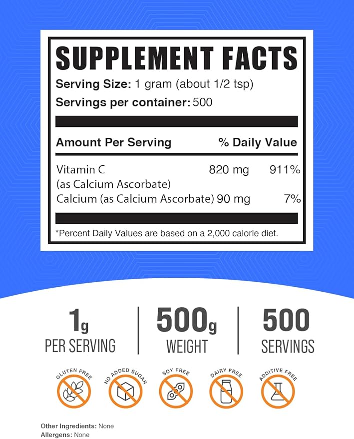 BulkSupplements.com Calcium Ascorbate Powder - Buffered Vitamin C, Calcium Supplement Powder, Vitamin C Supplement - Gluten Free, 1000mg per Serving, 500g (1.1 lbs) (Pack of 1)