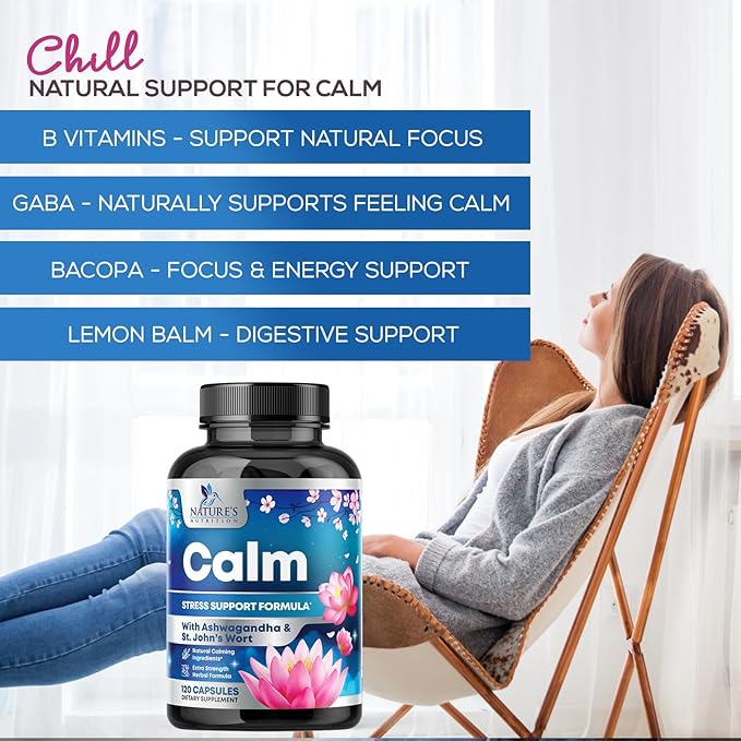Natural Unwind, Calm, & Relax Support with Ashwagandha, GABA, Magnesium, 5-HTP, L-Theanine & B Vitamins, Natural Focus, Energy & Immune Support - Nature's Non-GMO, Vegan, Gluten Free - 120 Capsules