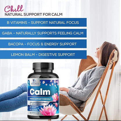 Natural Unwind, Calm, & Relax Support with Ashwagandha, GABA, Magnesium, 5-HTP, L-Theanine & B Vitamins, Natural Focus, Energy & Immune Support - Nature's Non-GMO, Vegan, Gluten Free - 120 Capsules
