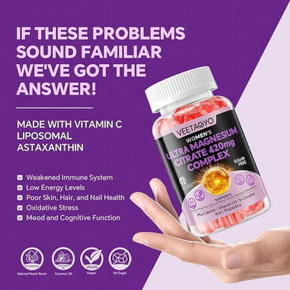 Magnesium Citrate Gummies 420mg for Adult - Dual Layer - w/ 10 Billion CFU - 5 Strains Probiotics & Calcium,D3,Biotin,Iron,B6,B12,Folate,Supports for Bone,Nerve,Relaxation,Muscle - Vegan 60 Cts