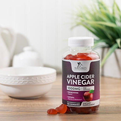 Nature's Nutrition Apple Vinegar Gummy for Weight Loss 1000mg - Vegan Apple Cider Vinegar Gummies for Detox & Cleanse, ACV Supplement Pills, Vitamin B12, Beetroot & Pomegranate, Non-GMO - 120 Gummies