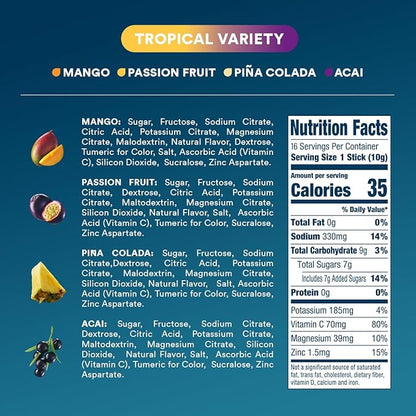 DripDrop Hydration - Tropical Variety Pack - Electrolyte Drink Mix Single Serve Hydration Powder Packets - Mango, Açaí, Passion Fruit, Pineapple Coconut | Non-GMO, Gluten Free, Vegan | 16 Sticks