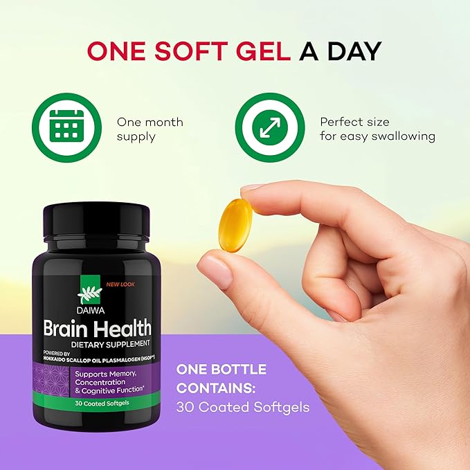 Daiwa Brain Health Supplement for Adults - Plasmalogen Focus Supplement for Memory and Concentration - Cognitive Brain Booster with 50mg of Hokkaido Scallop Oil Plasmalogen (HSOP) - 30/ct