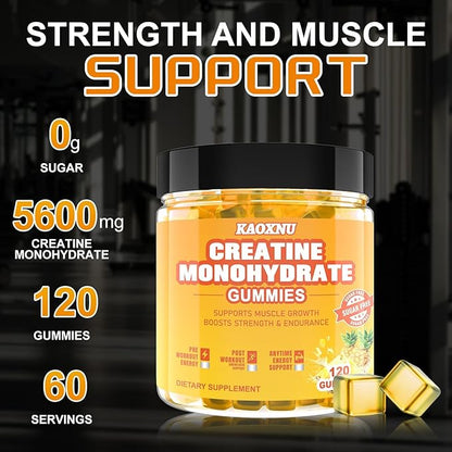 Creatine Monohydrate Gummies 5600mg for Men & Women, 120 CT Chewable Creatine Gummies for Muscle Support, Energy Boost, 5.6g of Creatine Monohydrate per Serving - Sugar Free, Vegan (Pineapple Flavor)
