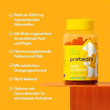 Probears® Biotin (B7) Vegan Hair Growth Gummies Vitamins - 10.000 mcg,Essential Vitamins A, B5, B6, B12, C, D2, E for Hair Loss Prevention - Gluten-Free, Gelatin-Free, Halal - 60 Count