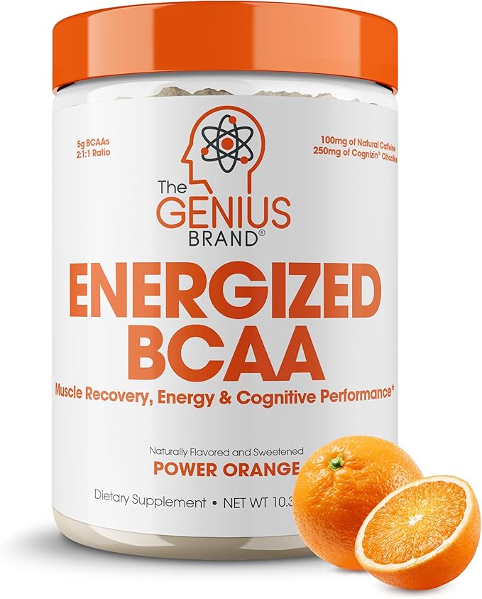 Genius BCAA Energy Powder, Orange - Nootropic Amino Acids & Muscle Recovery - Natural Vegan BCAAs Workout Supplement for Women & Men (Pre, Intra & Post Workout) - No Artificial Sweeteners