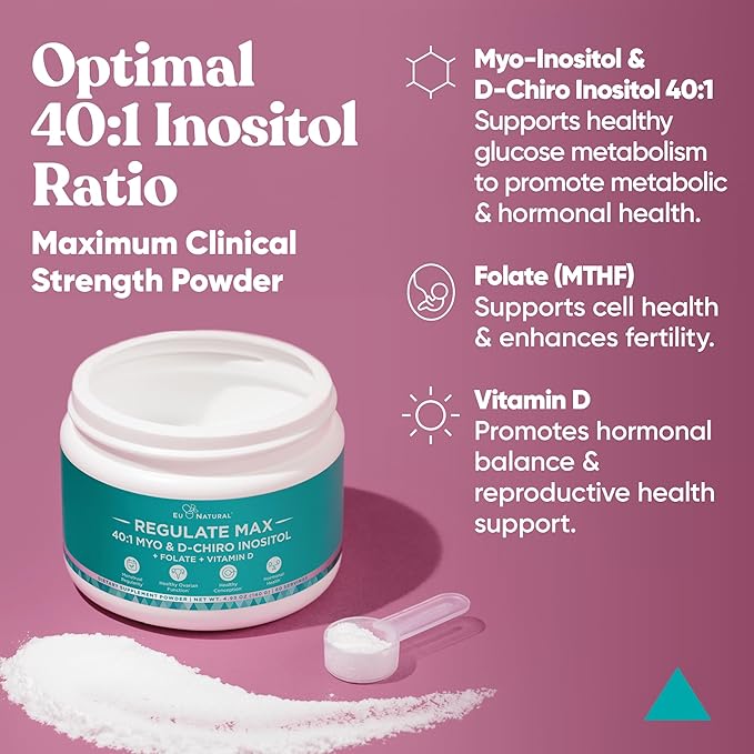 Eu Natural Regulate MAX Myo-Inositol & D-Chiro Inositol Supplement Powder for Women with Vitamin D & Folate PCOS Nutritional Support, Hormone Balance & Fertility Support, Unflavored 60 Servings