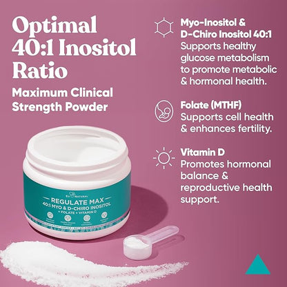 Eu Natural Regulate MAX Myo-Inositol & D-Chiro Inositol Supplement Powder for Women with Vitamin D & Folate PCOS Nutritional Support, Hormone Balance & Fertility Support, Unflavored 60 Servings