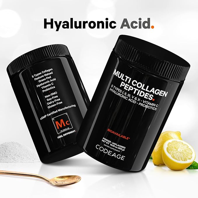 Codeage Multi Collagen Peptides Powder + Probiotics Black Edition, Vitamin C, Hyaluronic Acid Powder Supplement, Grass-Fed, Hydrolyzed, Zero Carbs, Type I, II, III, V & X, Unflavored, 10.58oz