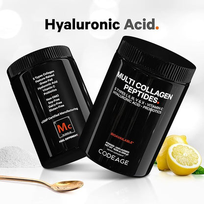 Codeage Multi Collagen Peptides Powder + Probiotics Black Edition, Vitamin C, Hyaluronic Acid Powder Supplement, Grass-Fed, Hydrolyzed, Zero Carbs, Type I, II, III, V & X, Unflavored, 10.58oz
