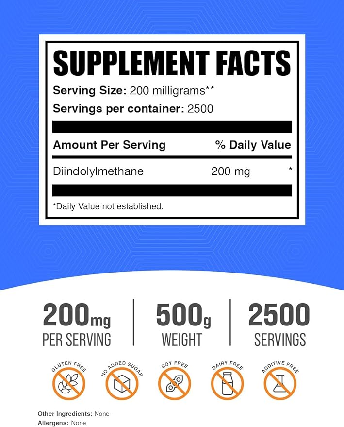 BulkSupplements.com DIM Powder - Diindolylmethane Powder, DIM Supplement for Men & Women - DIM 200mg, Gluten Free - 200mg per Serving, 500g (1.1 lbs) (Pack of 1)