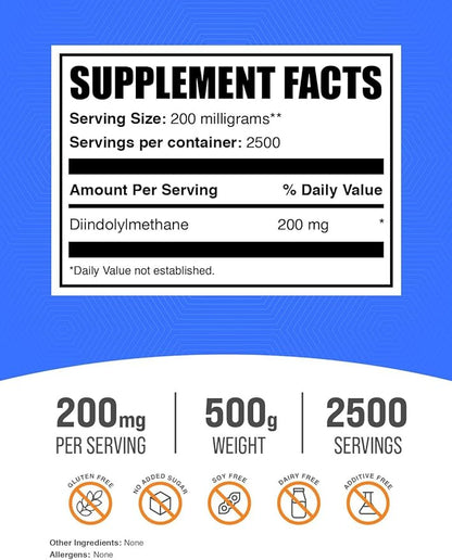 BulkSupplements.com DIM Powder - Diindolylmethane Powder, DIM Supplement for Men & Women - DIM 200mg, Gluten Free - 200mg per Serving, 500g (1.1 lbs) (Pack of 1)