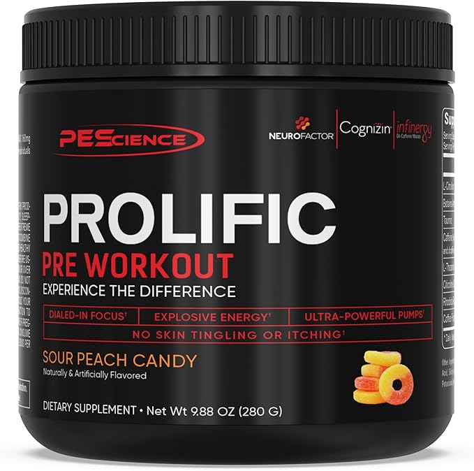 PEScience Prolific Pre Workout Powder, Sour Peach Candy, 40 Scoop, Energy Supplement with Nitric Oxide, KK Fit Signature Flavor