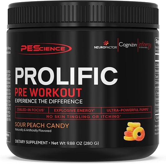 PEScience Prolific Pre Workout Powder, Sour Peach Candy, 40 Scoop, Energy Supplement with Nitric Oxide, KK Fit Signature Flavor