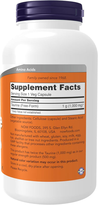 NOW Foods Supplements, Taurine 1,000 mg, Double Strength, Nervous System Health*, 250 Veg Capsules