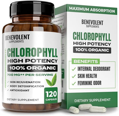 Benevolent Chlorophyll Capsules 700mg - 100% Natural + Ultra Chlorophyll 20x Potency Concentration for Energy Boost, Immune Support, Internal Deodorant, Skin Health, Non-GMO, 120 Capsules