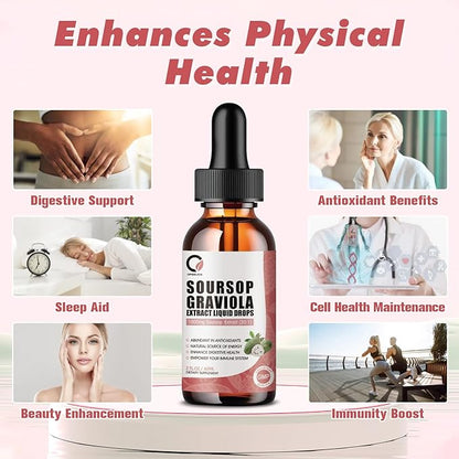 Soursop Graviola Liquid Drops - 1000 mg Soursop Extract Plus 300 mg Sea Moss, Soursop Bitters Liquid for Cell Regeneration, Immune Boost, Relax, Antioxidant, Energy - 2 Fl Oz