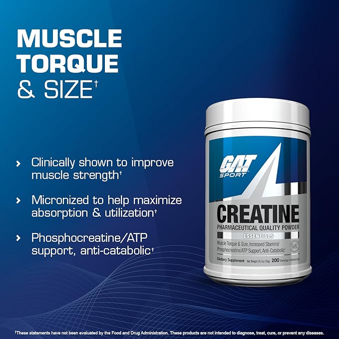 GAT SPORT Creatine Monohydrate Powder, Strength, Brain Health, Anti-oxidant, Endurance, for Men & Women, Unflavored (1000g)