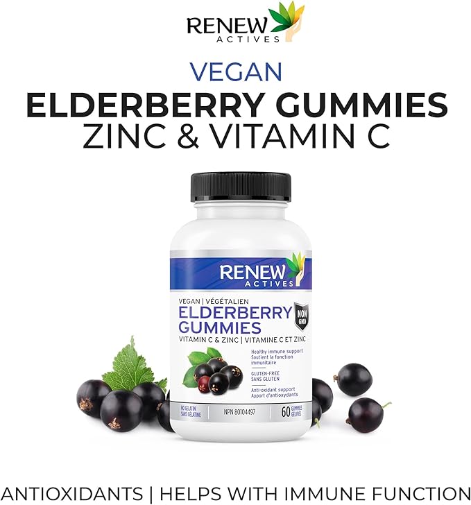 Renew Actives Vegan Elderberry Gummies with Vitamin C & Zinc - Antioxidants for Immune Function & Healthy Development of Bones, Cartilage, Hair, Nails, and Skin - 60 Gummies