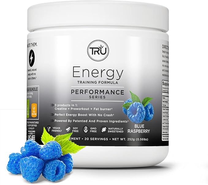 TRU Supplements Energy, Pre Workout Training Formula, Vegan Friendly, No Jitters, Improve Workout Performance, Naturally Extracted Flavors, 20 Servings (Blue Raspberry)
