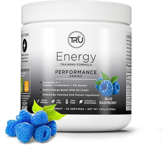 TRU Supplements Energy, Pre Workout Training Formula, Vegan Friendly, No Jitters, Improve Workout Performance, Naturally Extracted Flavors, 20 Servings (Blue Raspberry)