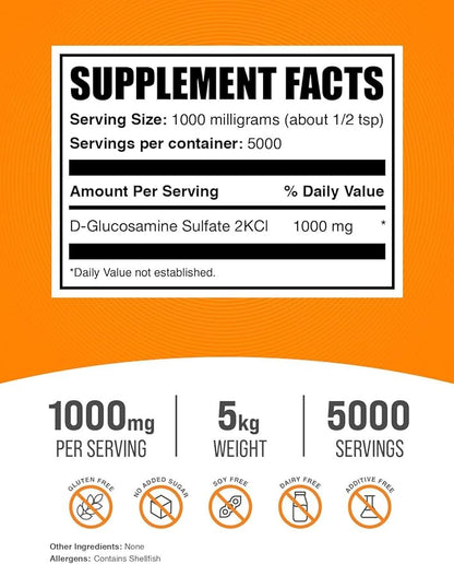 BulkSupplements.com Glucosamine Sulfate Powder - Glucosamine Supplement, Glucosamine Powder - for Joint Support, Gluten Free, 1000mg per Serving, 5kg (11 lbs) (Pack of 5)