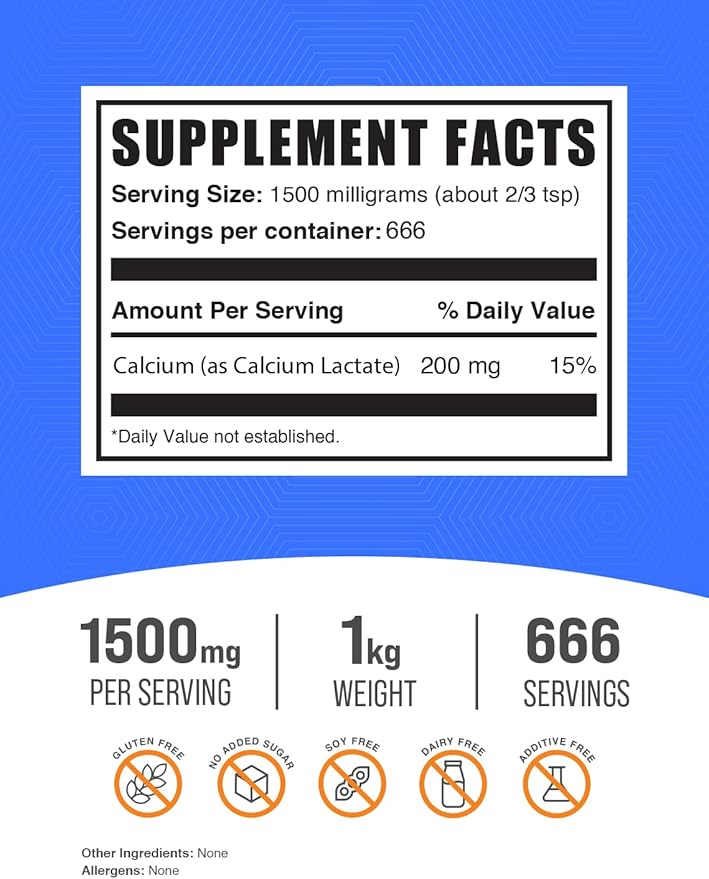 BulkSupplements.com Calcium Lactate Powder - Calcium Supplement, Calcium Lactate Food Grade - Calcium Lactate Supplement, 1500mg per Serving (200mg Calcium), 1kg (2.2 lbs) (Pack of 1)