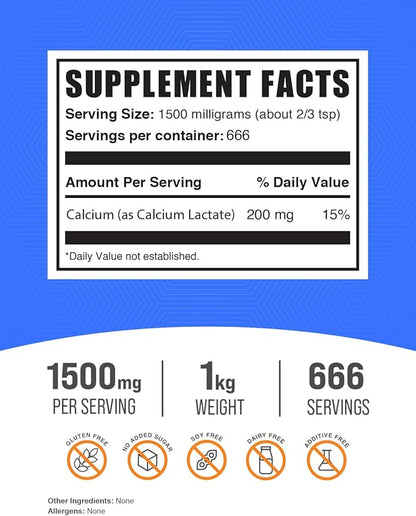 BulkSupplements.com Calcium Lactate Powder - Calcium Supplement, Calcium Lactate Food Grade - Calcium Lactate Supplement, 1500mg per Serving (200mg Calcium), 1kg (2.2 lbs) (Pack of 1)