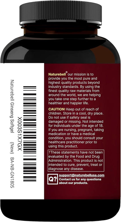 NatureBell Korean Red Ginseng 2,250mg Per Serving, 240 Softgels | Panax Ginseng Root, Standardized to 10% Ginsenosides, Non-GMO, Support Energy, Male Performance, & Immune System