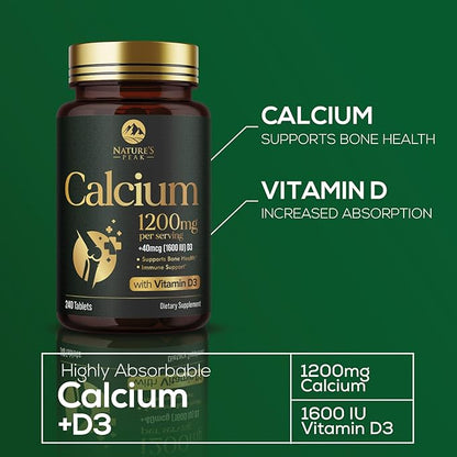Calcium 1200 mg with Vitamin D3, Calcium Supplement Vitamins, Bone, Teeth & Immune Health Support, Calcium Supplements with D for Women & Men, Nature's Absorbable Calcium Carbonate - 240 Tablets