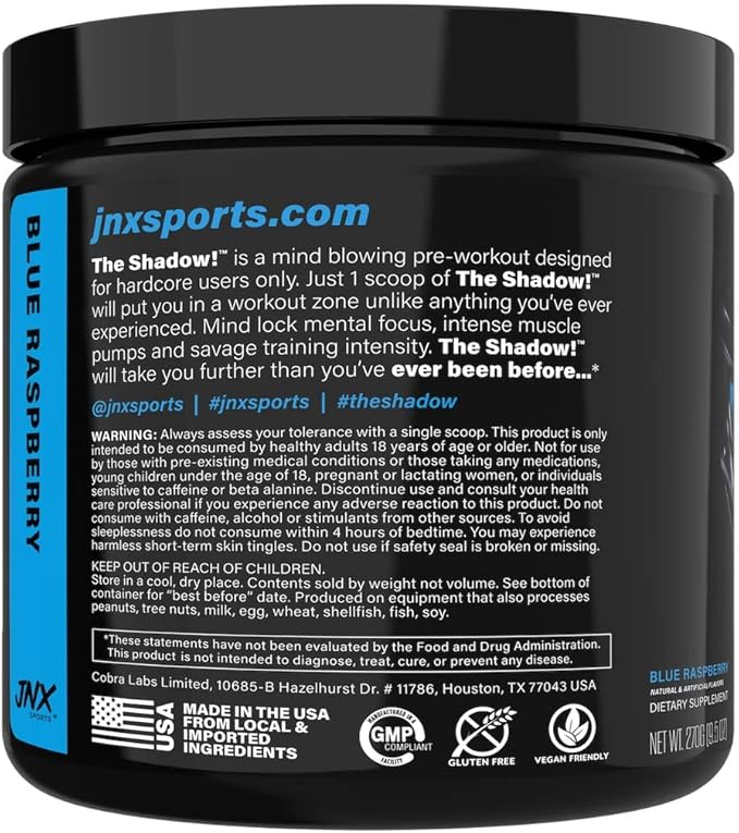 JNX SPORTS The Shadow! 350mg of Caffeine Hard Core Preworkout - Blue Raspberry 30 Servings | Electric Energy, Mental Focus & Superhuman Strength for Men & Women