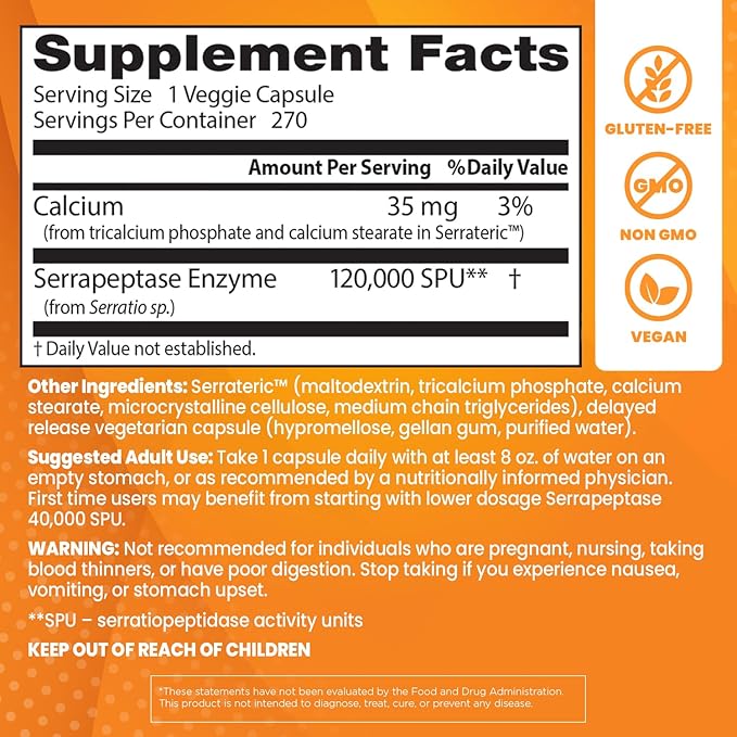 Doctor's Best High Potency Serrapeptase, Supports Healthy Sinuses and a Healthy Immune System, Non-GMO, Gluten Free, Vegan, 120, 000 SPU, 270 Veggie Caps