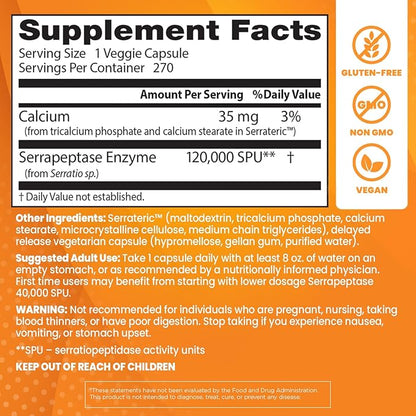 Doctor's Best High Potency Serrapeptase, Supports Healthy Sinuses and a Healthy Immune System, Non-GMO, Gluten Free, Vegan, 120, 000 SPU, 270 Veggie Caps