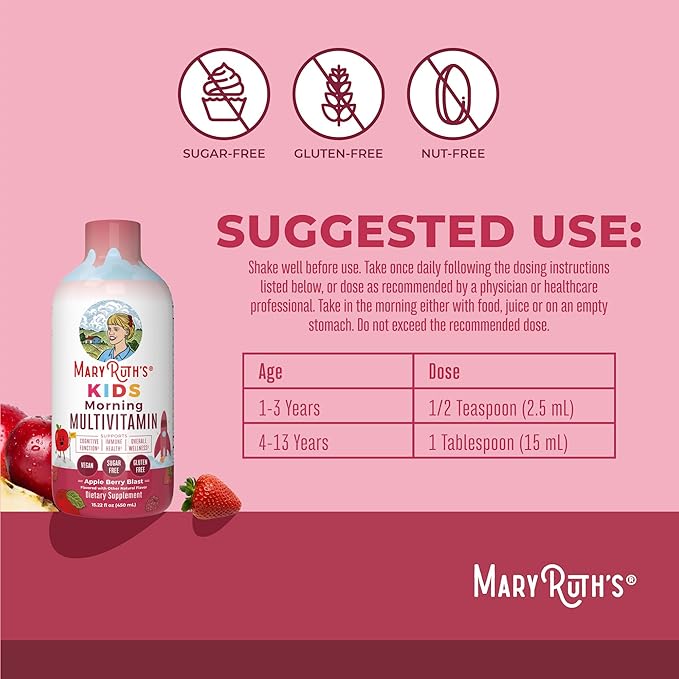 MaryRuth's Kids Liquid Morning Multivitamin | Kids Multivitamin | Immune Support | Vitamin C & D | Kids Vitamins | Kids Vitamins multivitamin | Vegan | 30-180 Servings | 15.22 fl oz