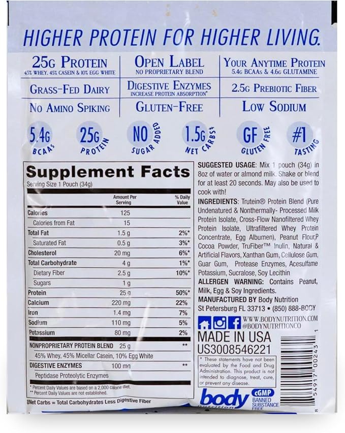 Body Nutrition Trutein High Protein Powder: 45% Whey, 45% Casein, 10% Egg White, Gluten-Free, Low Sodium, Grass Fed Whey Protein, Gym Supplement & Breakfast Shake, Chocolate Peanut Butter, 34g Sample