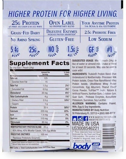 Body Nutrition Trutein High Protein Powder: 45% Whey, 45% Casein, 10% Egg White, Gluten-Free, Low Sodium, Grass Fed Whey Protein, Gym Supplement & Breakfast Shake, Chocolate Peanut Butter, 34g Sample
