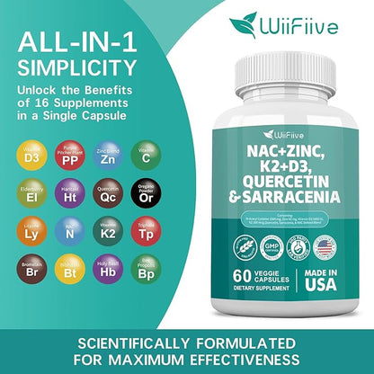 NAC Supplement N-Acetyl Cysteine NAC 1000mg Zinc Blend 50mg k2 100mcg Vitamin D3 5000 IU N-Acetyl Cysteine 1000mg Quercetin 1000mg Sarracenia Purpurea 1000mg L-Lysine Supplement, 60 Count