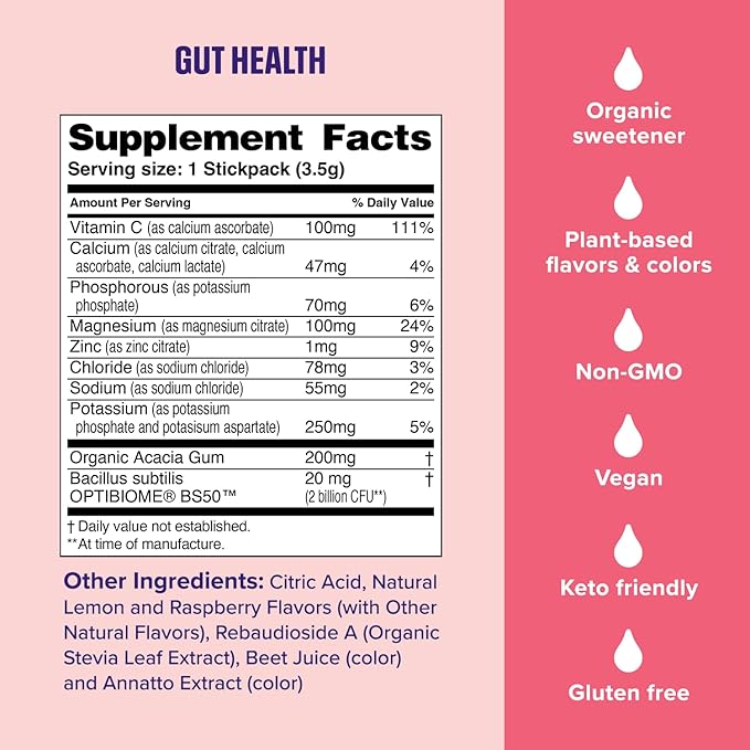 Ultima Replenisher Gut Health Supplement & Electrolytes Powder - Raspberry Lemonade, 14 Stickpacks - Hydration Packets with Added Gut Health Benefits