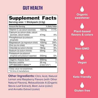 Ultima Replenisher Gut Health Supplement & Electrolytes Powder - Raspberry Lemonade, 14 Stickpacks - Hydration Packets with Added Gut Health Benefits