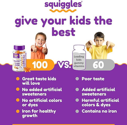 Squiggles Kids Multivitamin + Iron Gummies 100ct. | All-Natural, Low Sugar, and Super Yummy | Broad Spectrum of Vitamins and Minerals with a Boost of Iron.