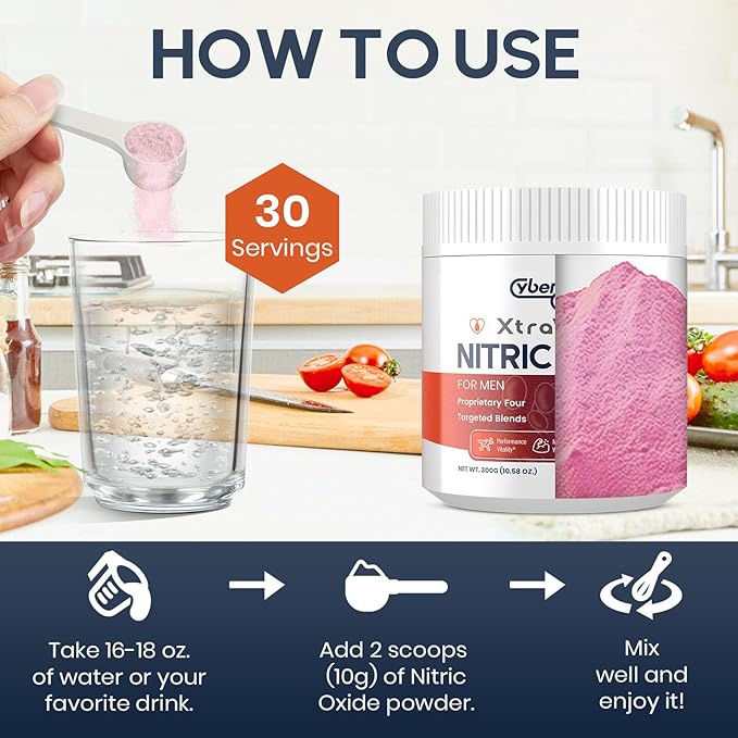 Nitric Oxide Supplement for Men - Extra Strength Nitric Oxide Booster Powder for Heart, Circulation, Blood Flow, Energy, Endurance - 10g Per Serving, 30 Servings