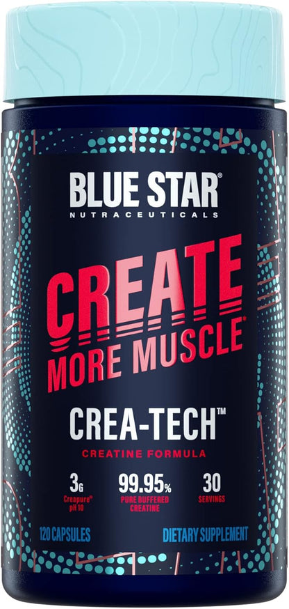 Blue Star Nutraceuticals CREA-TECH - Creapure Creatine Monohydrate - w/Electrolytes. Creatine + Electrolytes Capsules - Build Muscle and Increase Strength | 30 Day Supply - 120 Veggie Capsules