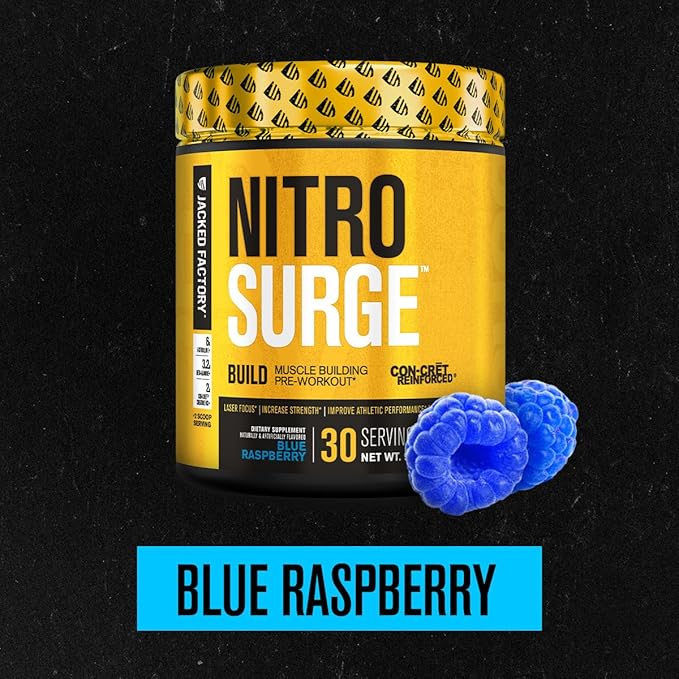 Jacked Factory Nitrosurge Build Pre Workout with Creatine for Muscle Building - Con Cret Creatine Powder & elevATP for Intense Energy, Powerful Pump, & Endless Endurance - 30 Servings, Blue Raspberry