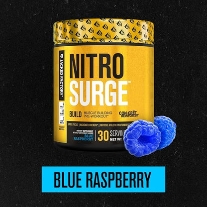 Jacked Factory Nitrosurge Build Pre Workout with Creatine for Muscle Building - Con Cret Creatine Powder & elevATP for Intense Energy, Powerful Pump, & Endless Endurance - 30 Servings, Blue Raspberry