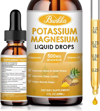 Potassium Magnesium Supplement, 99mg Potassium Supplement with Magnesium, Calcium, Vitamin D3, Zinc, Sugar Free & Vegan Liquid Drops Supplement for Leg Cramps, Energy, Metabolism, for Adult and Kid