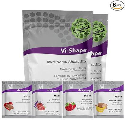 Vi-Shape Four Flavor Transformation Kit - 2 Shake Pouches (48 Servings) + 1 Box Chocolate Mix-In + 1 Box Strawberry Mix-In + 1 Box Banana Bread Mix-In + 1 Box Raspberry Mix-In