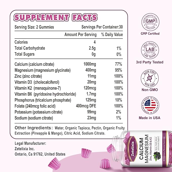 Calcium Gummies for Women Men, Calcium Magnesium Zinc with Vitamin D3 & K2, Calcium Magnesium Supplement for Bones Muscles and Joints, Elderberry Flavor - 120 Count
