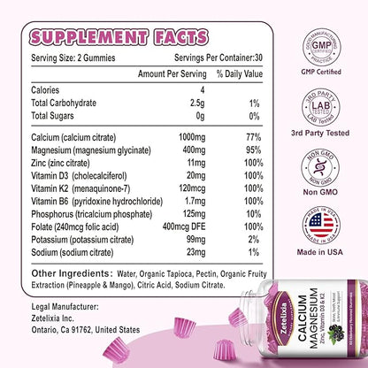 Calcium Gummies for Women Men, Calcium Magnesium Zinc with Vitamin D3 & K2, Calcium Magnesium Supplement for Bones Muscles and Joints, Elderberry Flavor - 60 Count