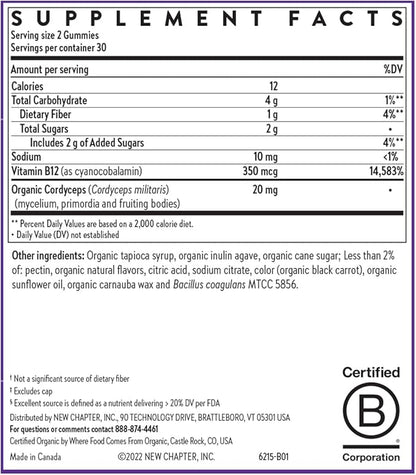 New Chapter® Organic Vitamin B12+ Gummies – 44% Less Sugar§, USDA Organic Vegan B12, Two Daily Gummies for Cellular Energy Support with Cordyceps, Non-GMO, Gluten Free, Raspberry Flavored, 60ct