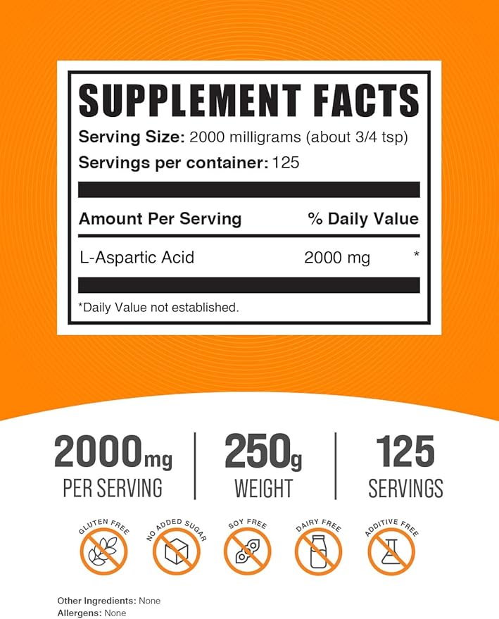 BulkSupplements.com L-Aspartic Acid Powder - Aspartic Acid Supplement, Amino Acids Supplement for Energy Support - Gluten Free, 2000mg per Serving, 250g (8.8 oz) (Pack of 1)